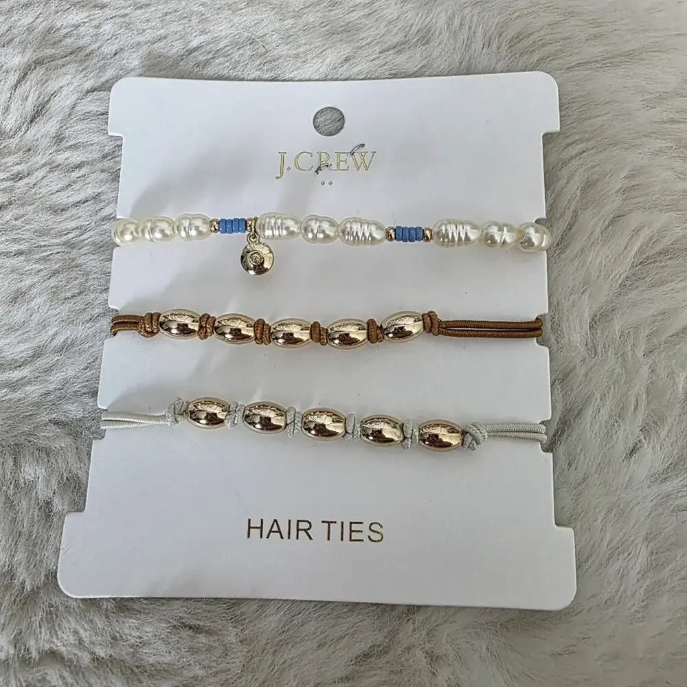 J. Crew Pearl and Metallic Beaded Hair Ties 3-Pack Gold Brass Scrunchies NWT